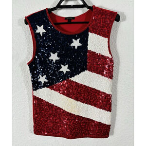 Escada Knit Top Size S Red American Flag Rayon Blend Stars Stripes Sleeveless